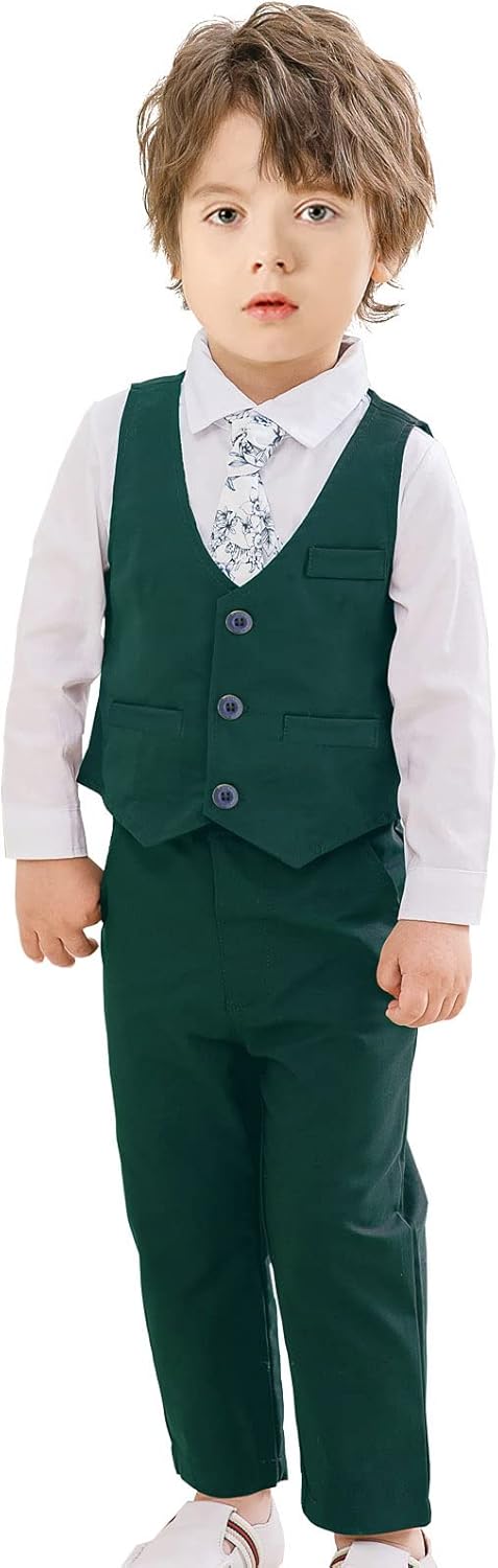 Boys Gentleman Suits Toddler Kids Wedding Outfit Clothes 4 Pieces Dress Shirt & Pants & Vest Set with Bowtie, 2-8 Years