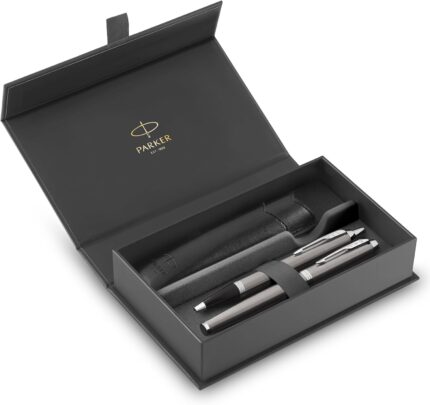 PARKER IM Duo Pen Gift Set | Fountain Pen, Ballpoint Pen & Pen Pouch | Stainless Steel Finish with Chrome Trims | Medium Tip | Blue Ink Refills | Perfect Graduation Gifts