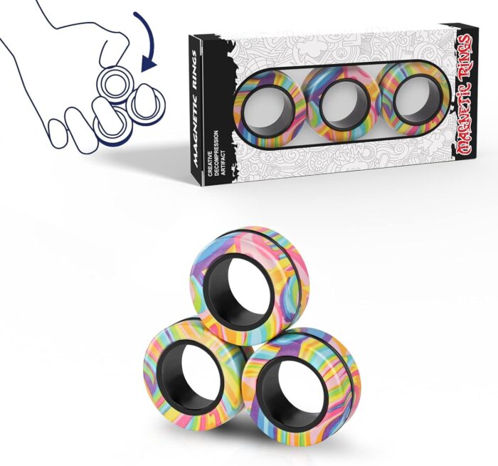 Magnetic Rings Fidget Toy Set, Idea ADHD Fidget Toys, Adult Fidget Magnets Spinner Rings for Anxiety Relief Therapy, Fidget Pack Great Gift for Adults Teens Kids (A)