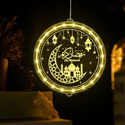 Ramadan Eid Mubarak LED Lights Decoration Eid al-Fitr Moon Night Lights Ramadan Mubarak Hanging Lamp Gift for Kids Muslims Family Holiday Ramadan Party Decorations Supplies