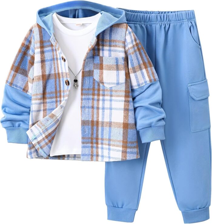 2Pcs Kids Boys Flannel Plaid Shirt Tops Pants Set Hoodie Sweatsuit for Fall Winter Spring Outfits 4-12 Years