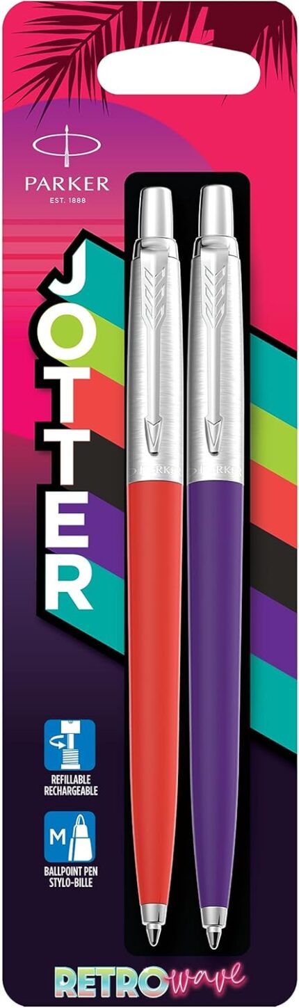 PARKER Jotter Originals Ballpoint Pens | Retrowave Collection | Vermilion Red & Indigo Purple | Blue Ink | Medium Point | 2 Count