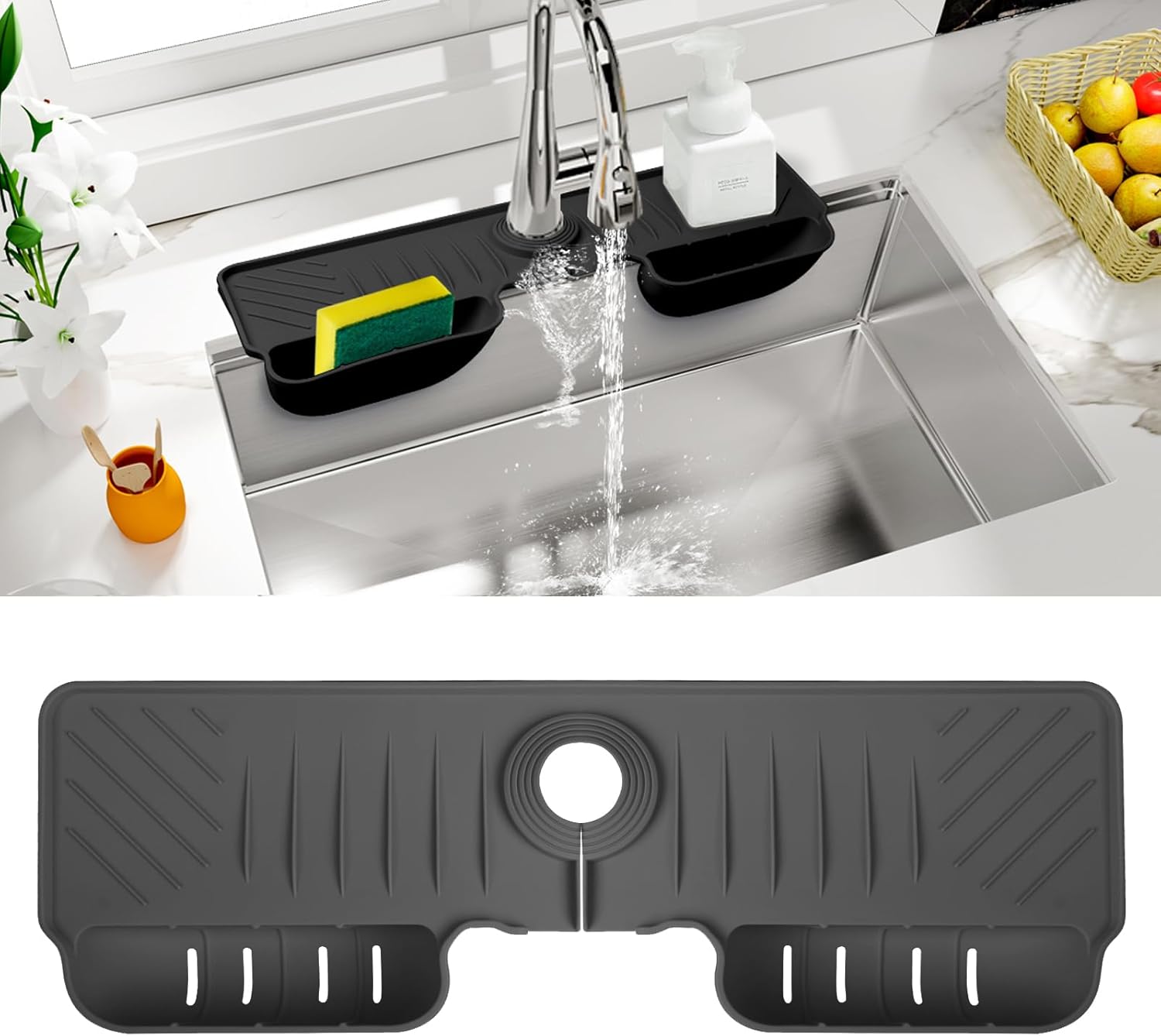 Silicone Faucet Handle Drip Catcher Tray Mat, Silicone Faucet Mat Sponge Holder for Kitchen Sink Accessories Gadgets, Drying Mat for Kitchen Counter Bathroom Sink Splash Guard -Black