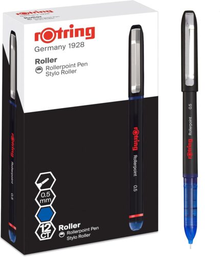 rOtring Rollerball Pen | Needle Point (0.5 mm) Rollerpoint for Precise Writing | Blue Ink | 12 Count