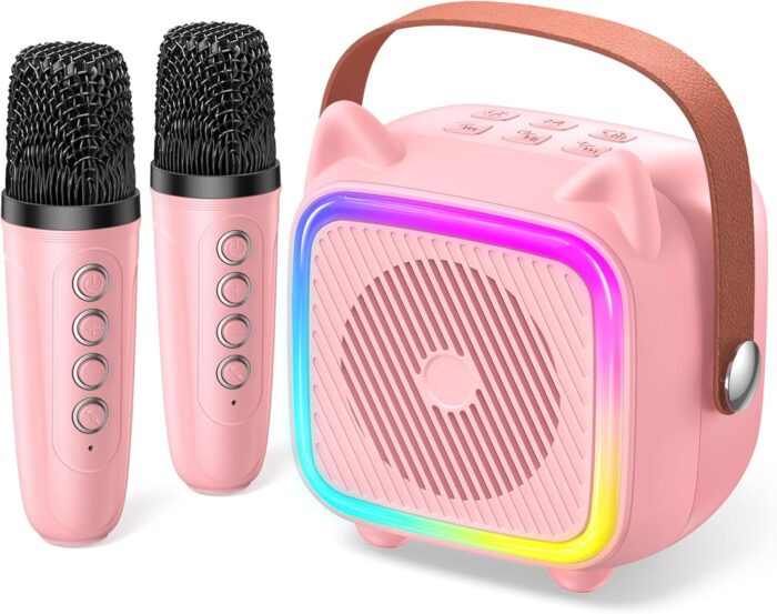 SXH Mini Karaoke Machine for Kids Portable Karaoke Machine with 2 Bluetooth Wireless Microphones and Light Include 64GB-TFcard Toys Gifts for 3-14 Years Old Girls Boys (Pink 2 Mics)