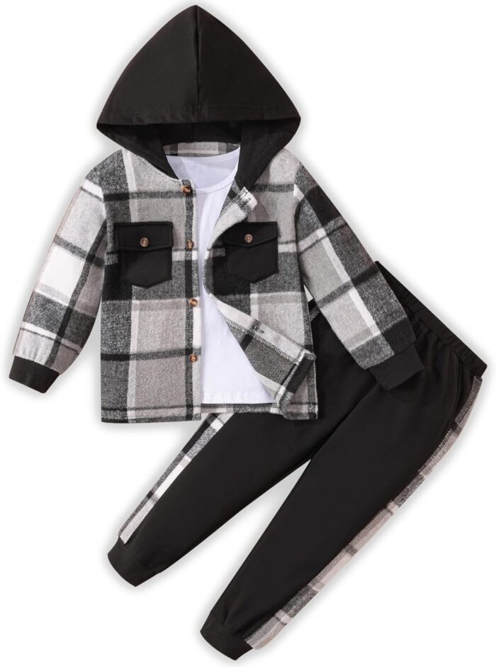 Toddler Boy Clothes Plaid Hooded Shirt White T-shirt Top and Solid Color Pants 3Pcs Winter Boys Clothes