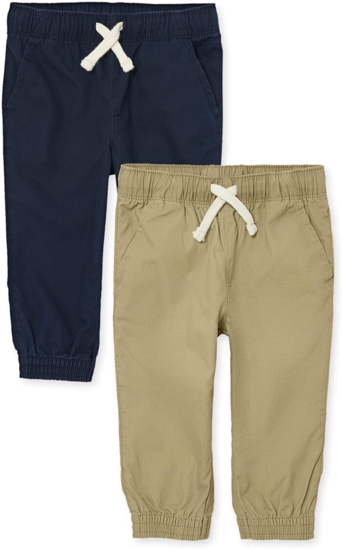 The Children’s Place Baby Boys’ and Toddler Stretch Pull on Jogger Pants, Flax/Tidal 2-Pack