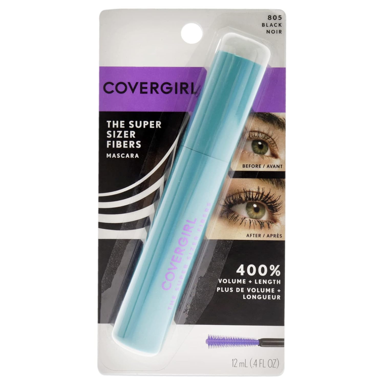 COVERGIRL Super Sizer Fibers Mascara, Black 805, 0.35 Ounce (Packaging May Vary) Volumizing Mascara with Brush