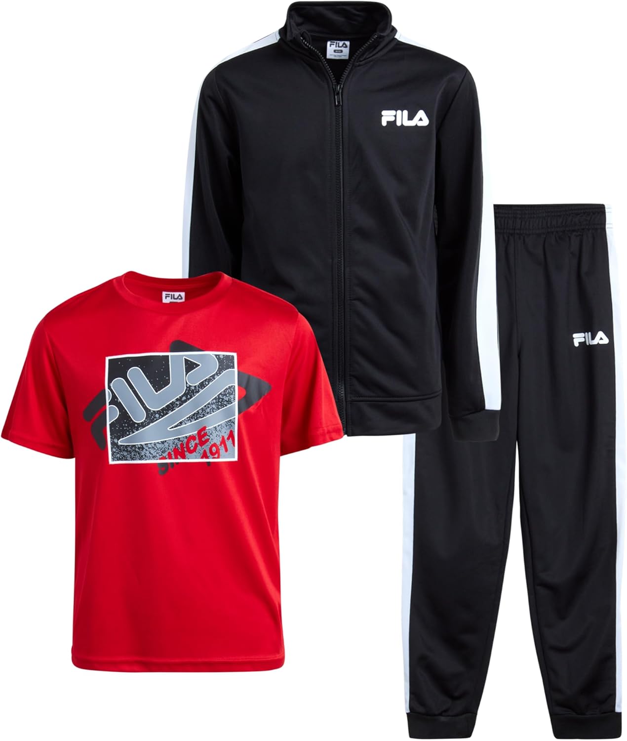 Fila Boys’ Tracksuit Set – 3 Piece Performance Tricot Sweatshirt, Jogger Sweatpants and Active Graphic T Shirt for Boys (4-7)