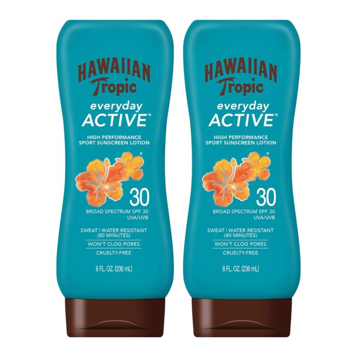 Hawaiian Tropic Everyday Active Lotion Sunscreen SPF 30, 8oz Twin Pack | Hawaiian Tropic Sunscreen SPF 30, Sunblock, Oxybenzone Free Sunscreen, Broad Spectrum Sunscreen Pack, 8oz each