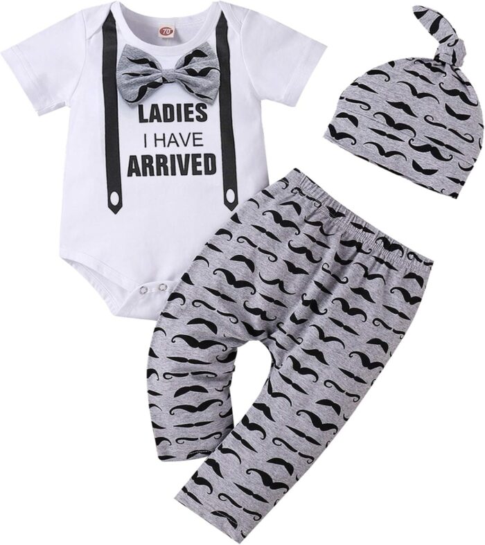 Baby Boy Clothes Stuff Infant Summer 3 Piece Outfits Newborn Cute Letter Printed Romper Short Sleeve + Pants + Hat