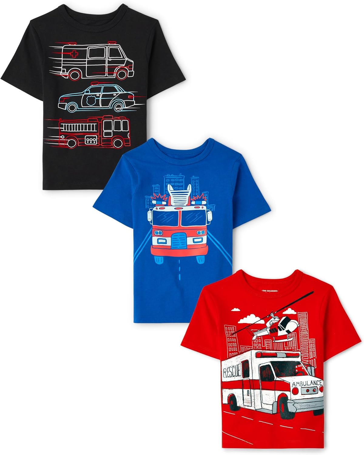 The Children’s Place Baby Boys’ and Toddler Vehicle Short Sleeve Graphic T-Shirts,Multipacks, Rescue Cars/Firetruck/Ambulance 3-Pack, 2T