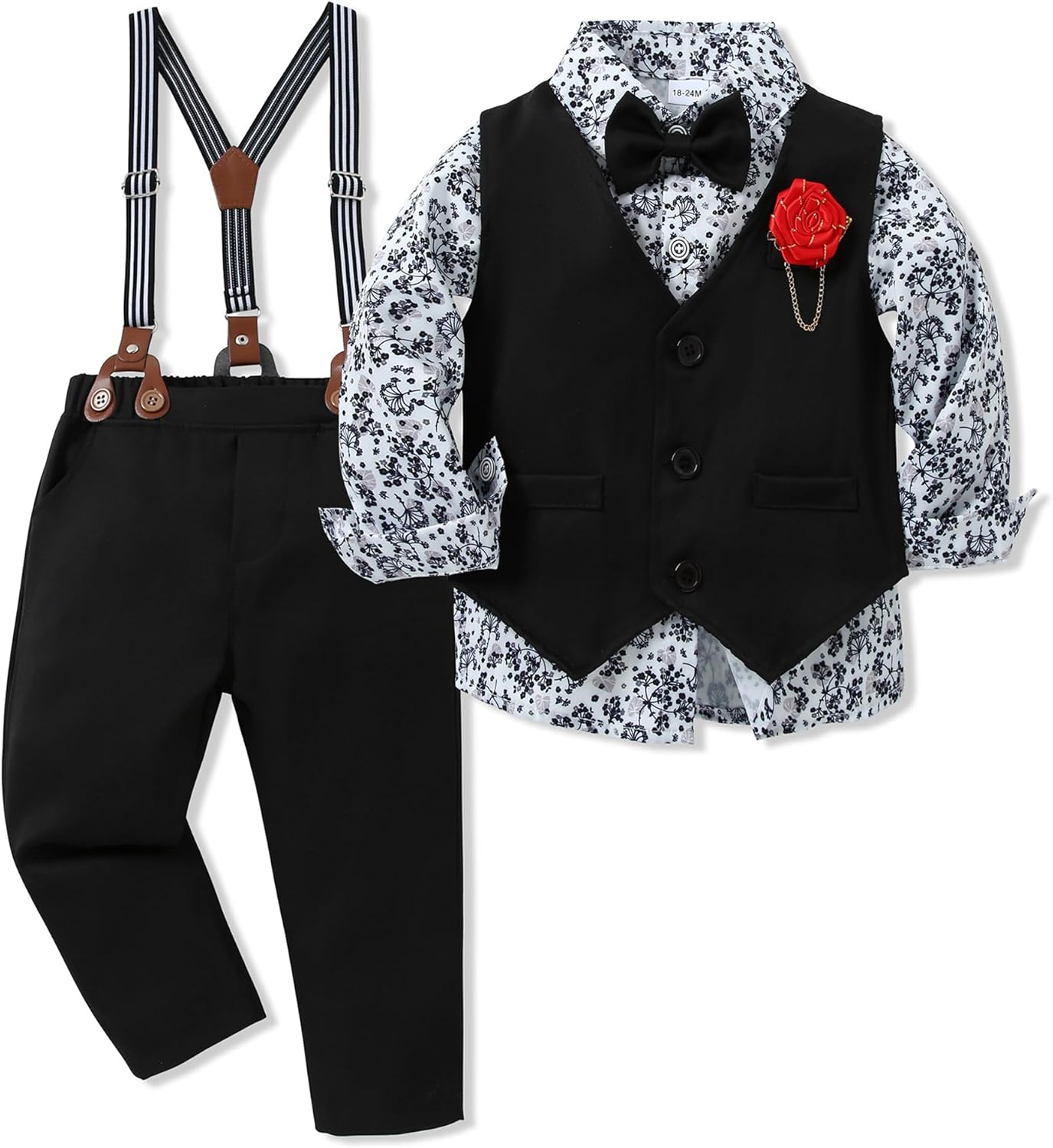 WESIDOM Toddler Boy Clothes Suit Formal Dress Shirt+Bowtie+Vest+Boutonniere+Suspender Pants Boys Gentleman Outfits Set