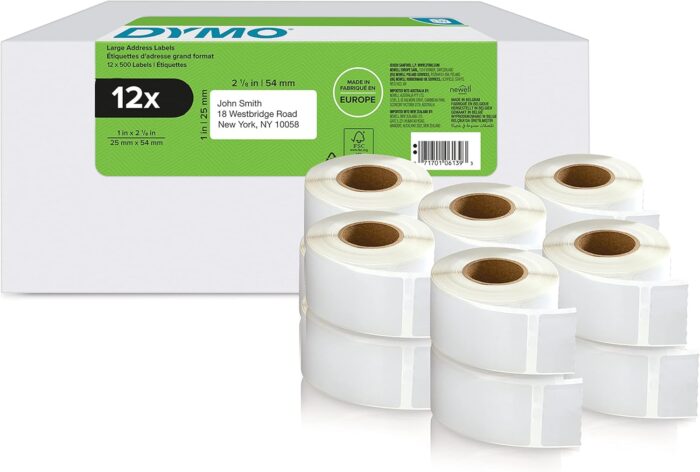 DYMO Authentic LabelWriter Return Address Labels | 25 mm x 54 mm | Self-Adhesive | 12 Rolls of 500 Easy-Peel Labels (6,000 Count) | for LabelWriter Label Makers | Made in Europe