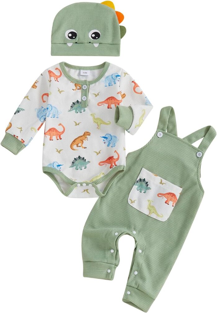 Newborn Baby Boy Dinosaur Outfit Long Sleeve Romper + Overalls Long Pants + Cute Hat Infant Fall Spring Clothes