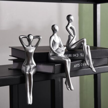 Quoowiit Thinker Statue Office Decor Desk Decor, Silver Decor Art Sculpture Ornament Coffee Table Decor Bookshelf Decor Modern Home Decor Unique Home Decorations for Living Room 3 Piece