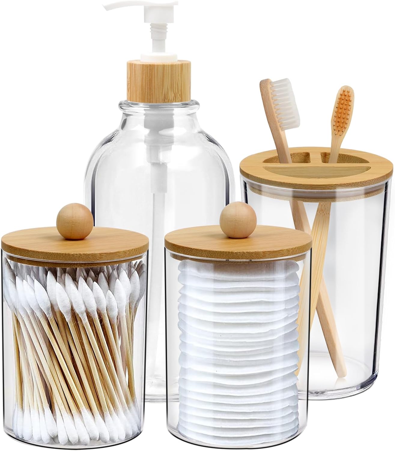 Bamboo Bathroom Accessories Sets of 4, Soap Dispenser, 2 Qtip Holder Jars, Toothbrush Holder, Boho Bathroom Decor