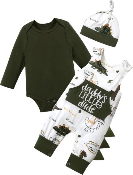 Baby Boy Clothes, Baby Boy Romper 3Pcs Baby Boy Outfits Set Long Sleeve Dinosaur Clothes Baby Boy Overalls with Hat