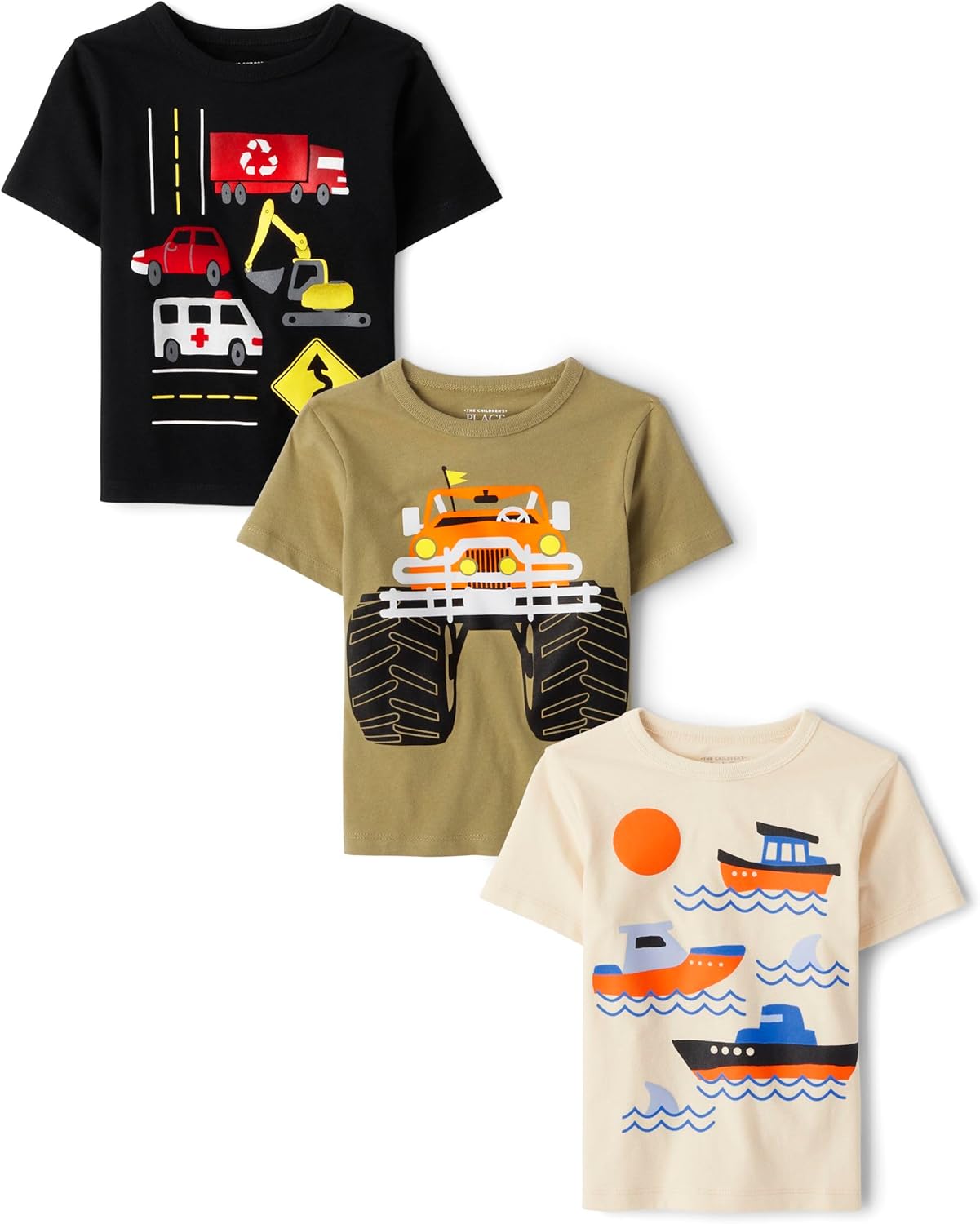 The Children’s Place Baby Boys’ and Toddler Vehicle Short Sleeve Graphic T-Shirts,Multipacks, Vechicles/Truck/Boats 3-Pack, 3T