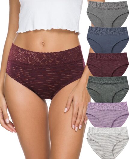 Women’s Underwear Cotton Panties for Women, Soft Ladies Lace Trim Underwear High Waisted Briefs 6 pack