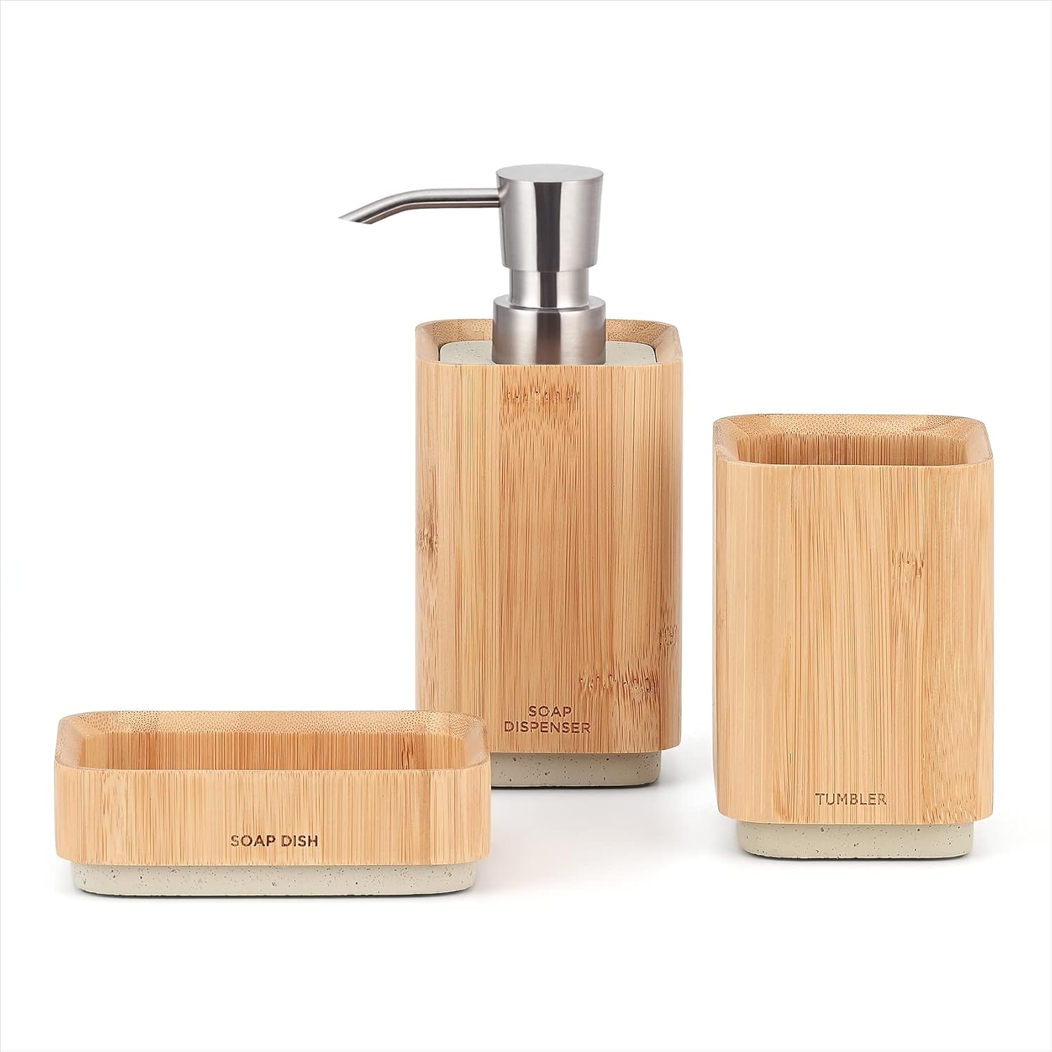 Bamboo Bathroom Accessories Set, Bamboo Wood Bathroom Accessories Include Bamboo Soap Dispenser, Tumbler, Soap Dish, with Concrete Base