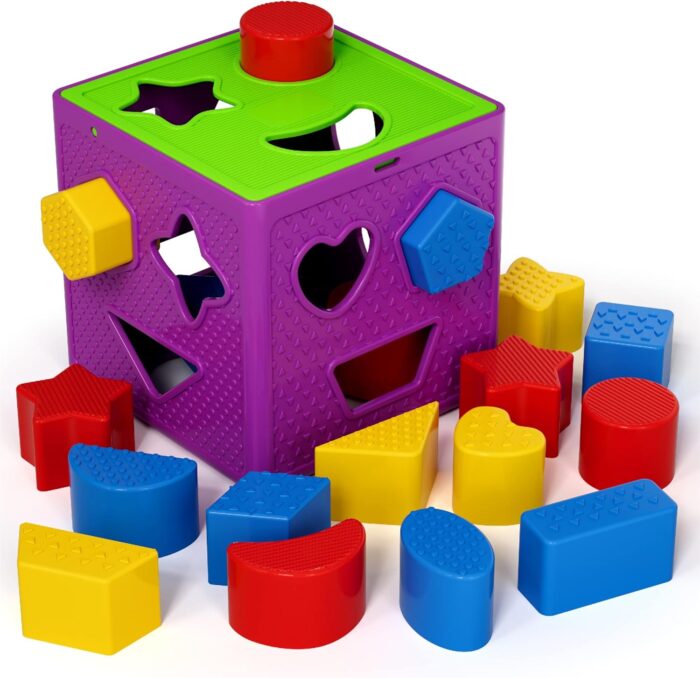 ETI Toys, 19 Piece Unique Educational Sorting & Matching Toy for Toddlers. Colorful Sorter Cube Box & Shapes, 100 Percent Safe, Promotes Fun Learning, Creativity & Skills Development