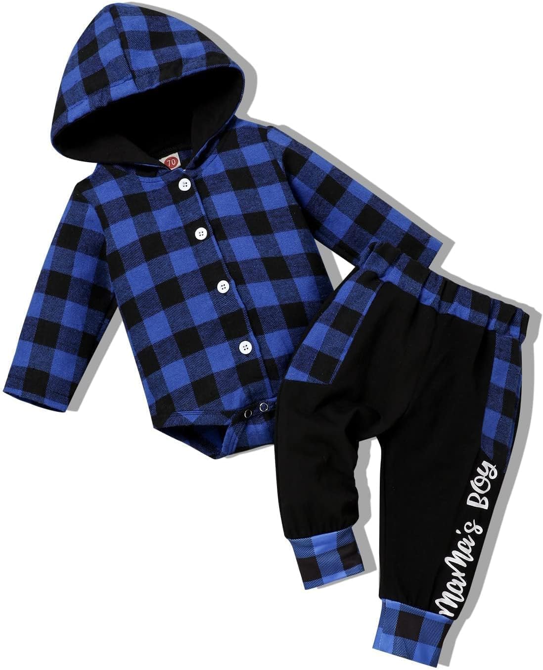 Fuermos Newborn Baby Boy Clothes Plaid Button Long Sleeve Hoodie Romper+ Mama’s Boy Pants Fall Winter Outfits Set