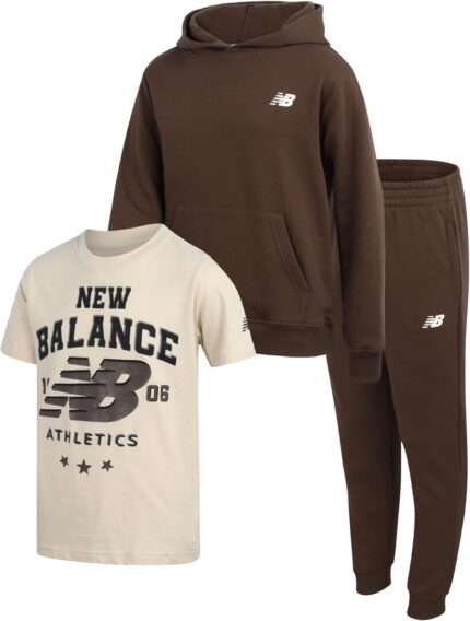 New Balance Boys’ Joggers Set – 3 Piece Activewear: Pullover Hoodie, Jogger Sweatpants, and Graphic Tee Shirt for Boys (4-12)