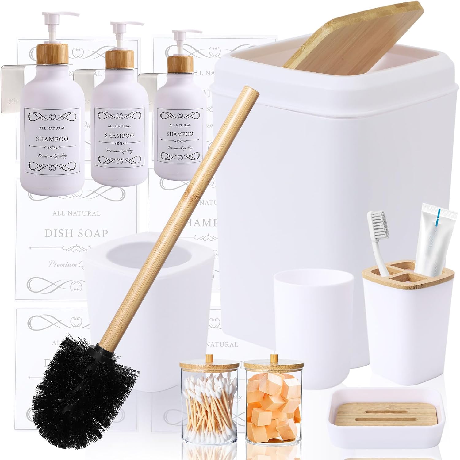 White and Wood Bathroom Accessories Set – 19Pcs Bathroom Set with Trash Can, 3PCS Drill Free 17oz Soap Dispenser Wall Mounted, Toothbrush Holder and Cup, Soap Dish, Toilet Brush, Qtip Holder