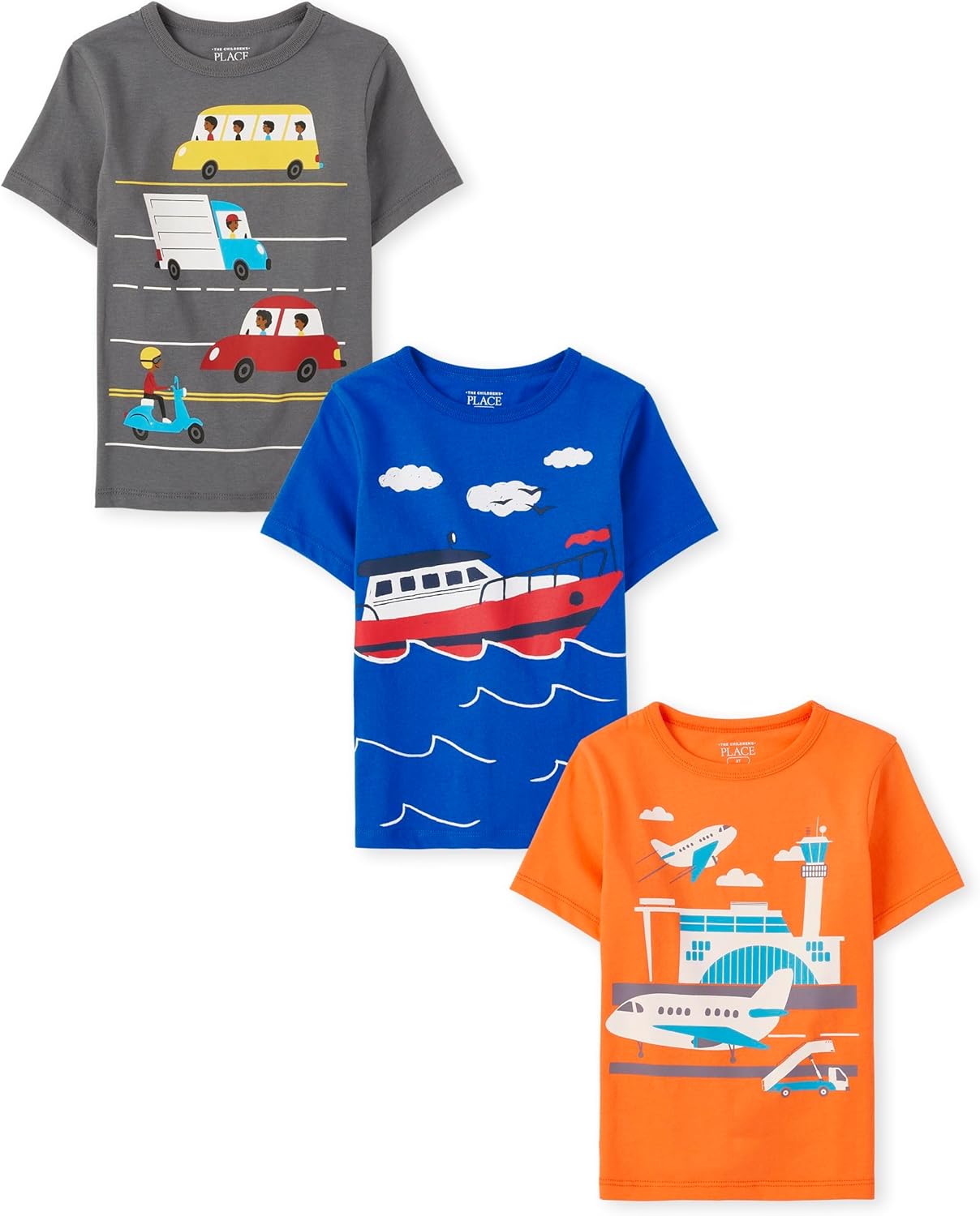 The Children’s Place Baby Boys’ and Toddler Vehicle Short Sleeve Graphic T-Shirts,Multipacks, Cars/Boat/Airport 3-Pack