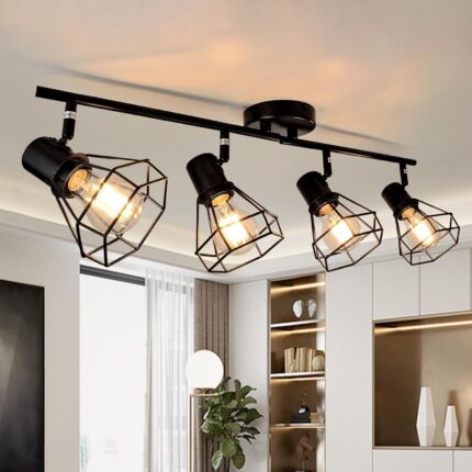 HiBay 4-Light Track Lighting Kit, Directional Rotatable Ceiling Light Fixtures, Black Geometric Metal Cage Industrial Spotlight Fixtures for Kitchen, Bedroom, Hallway, E26 Base (Bulbs Not Included)