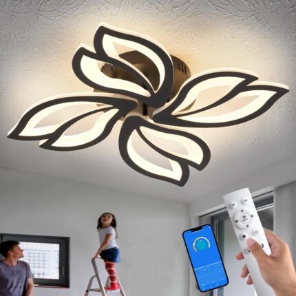 Modern Black Ceiling Light Fixture, 24″ Flower Dimmable LED Light Fixtures, Low Profile Flush Mount Ceiling Light with Remote Control for Bedroom, Kitchen, Living Room