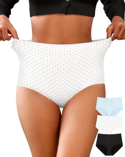 UMMISS High Waisted Cotton Underwear for Women Tagless No VPL Panties Soft Stretch Polka Dots Full Coverage Briefs 3 Pack