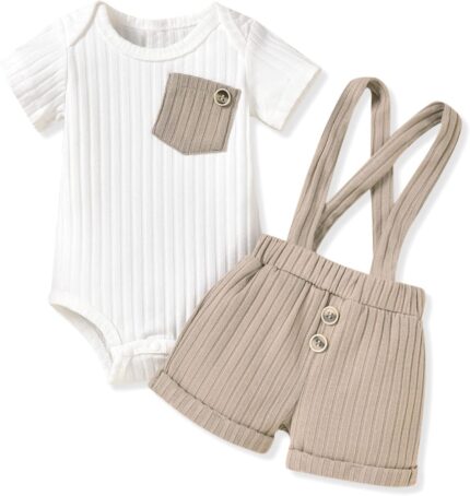 Unutiylo Baby Boy Outfits 0-12 Months Short Sleeve Romper Suspenders Pants Spring Summer clothes