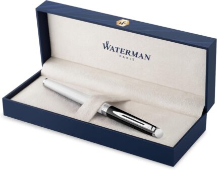 Waterman Hémisphère Fountain Pen | Black & White Lacquer with Palladium Coated Trim | Stainless steel Medium Nib | Blue Ink | Gift Box