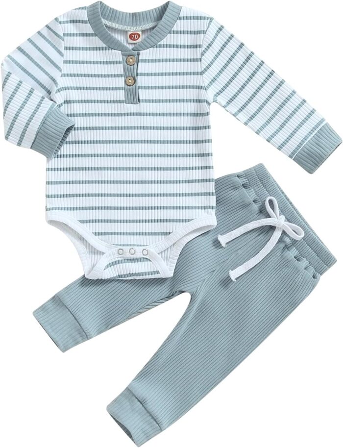 Newborn Baby Boy Girl Clothes Ribbed Knitted Long Sleeve Romper Pants Solid Cotton Infant Fall Winter Outfits 2Pcs