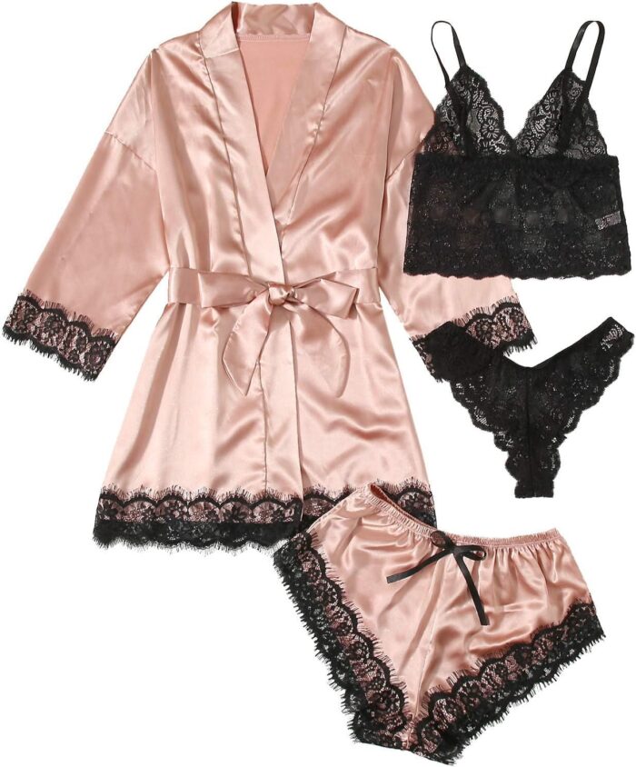 WDIRARA Women’ Silk Satin Pajamas Set 4pcs Lingerie Floral Lace Cami Sleepwear with Robe