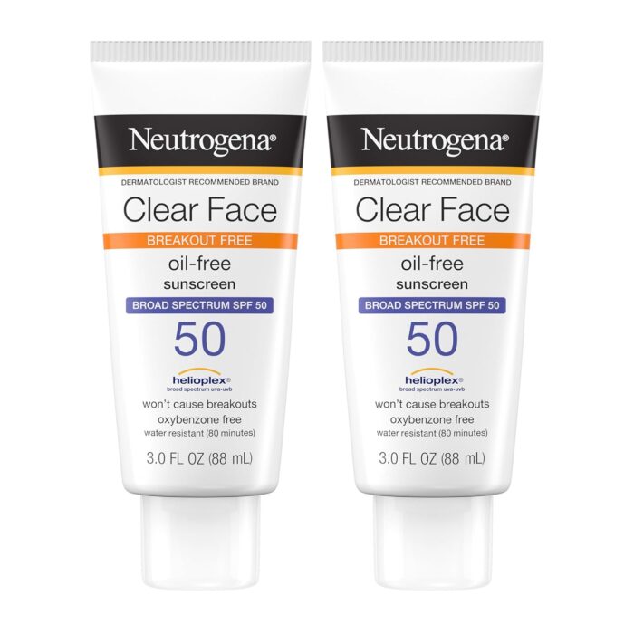 Neutrogena Clear Face Sunscreen Lotion for Acne-Prone Skin, Broad Spectrum SPF 50 Facial Sunscreen for Oily Skin, Oil-, Fragrance- & Oxybenzone-Free Water Resistant Sunscreen, Twin Pack, 2 x 3 fl. oz