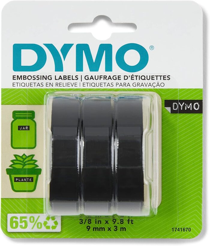 DYMO Self-Adhesive Embossing Labels, White Print on Black Tape, 3/8-Inch x 9.8-Foot Roll, 3 Pack