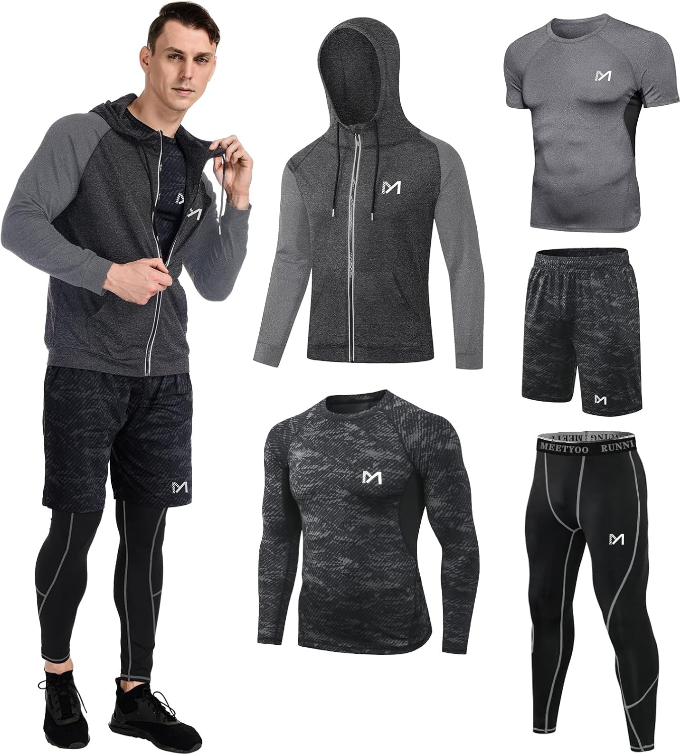 mens 5pcs Men’s Compression Sets Pants Long Sleeve Shirt Athletic Shorts Running JacketShirt