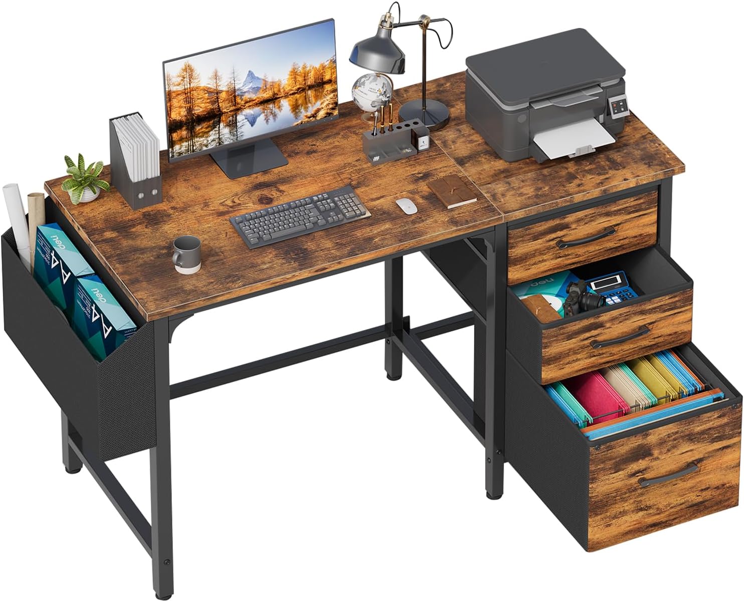 Lufeiya Computer Desk with Fabric File Drawers Cabinet, 47 Inch Home Office Desks with Filing Cabinet for Small Space, Study Writing Table PC Desks, Rustic Brown