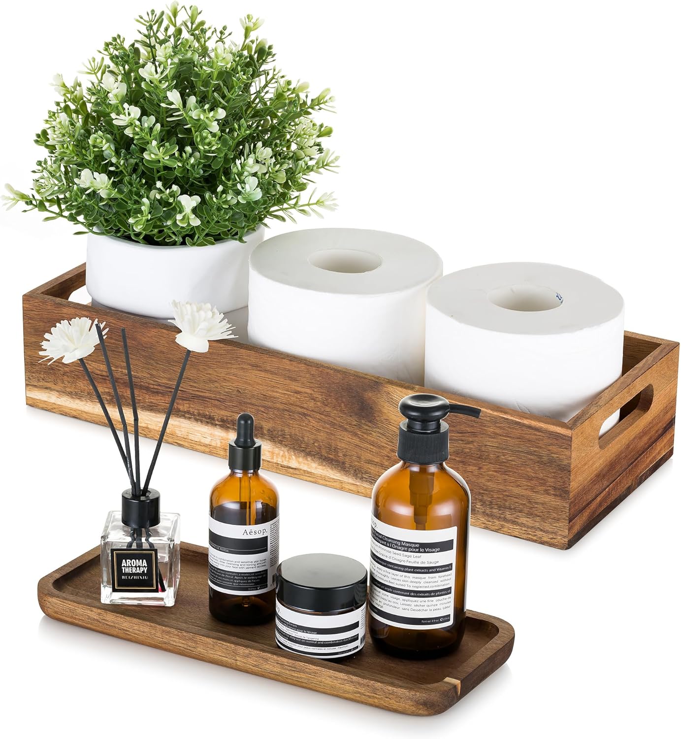 Toilet Tank Basket Wood Bathroom: Hanobe Set of 2 Wooden Toilet Paper Basket Topper with Vanity Tray Back of Toilet Organizer Acacia Toiletry Storage Holder Box