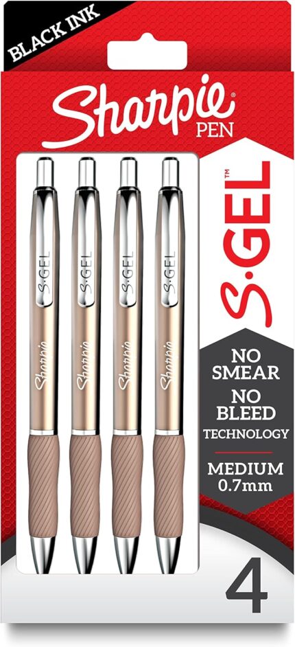 Sharpie S-Gel, Gel Pens, Sleek Metal Barrel, Champagne, Medium Point (0.7mm), Black Ink, 4 Count