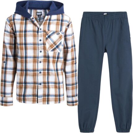 DKNY Boys’ Pants Set – 2 Piece Hooded Flannel Plaid Button Down Shirt and Jogger Pants – Matching Outfit Set for Boys (4-12)