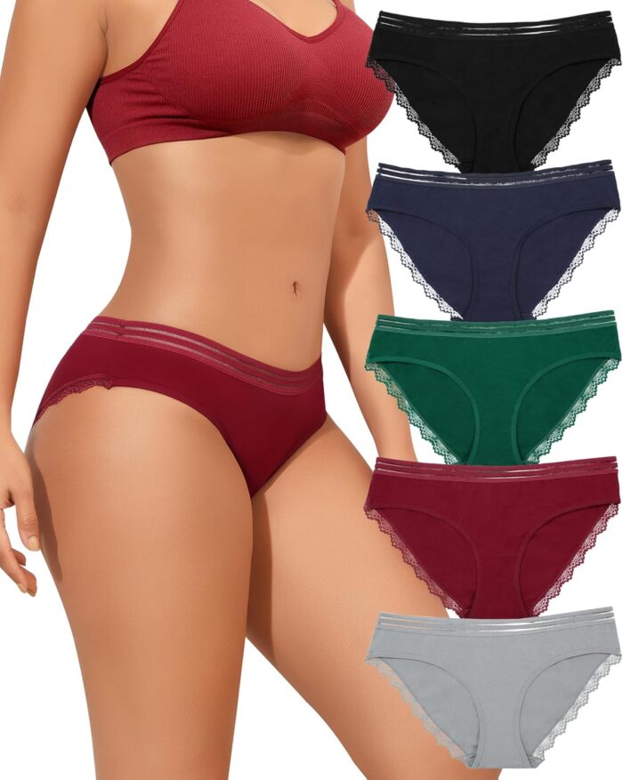 LEVAO Cotton Underwear for Women Lace Bikini Panties Sexy Hipster Stretch Full Briefs Cotton Cheeky Bikini 5 Pack S-XL