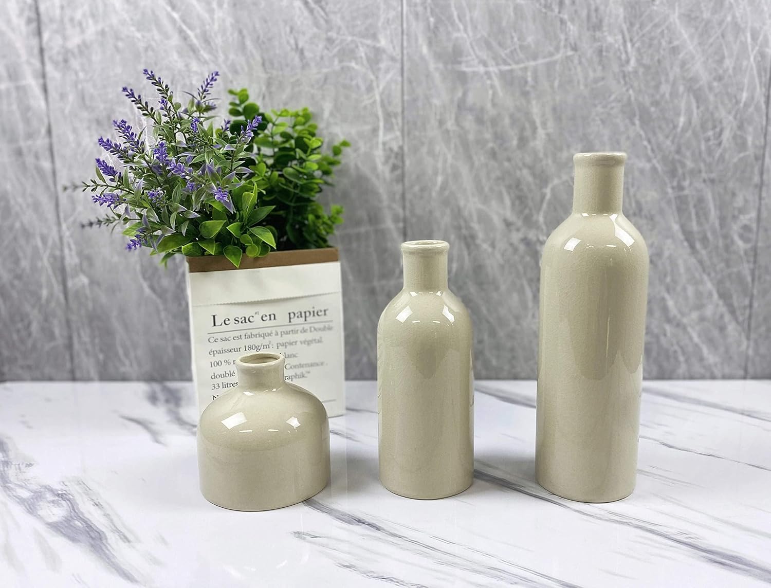 Ceramic Vases for Home Decor 3 Piece Set, Vases for Decor, Dresser Decor, Modern Farmhouse Decor, Mantle Décor, Ceramic Vase, Vases for Flowers, Decorative Vase, Ceramic Vase White (Light tan/Ecru)