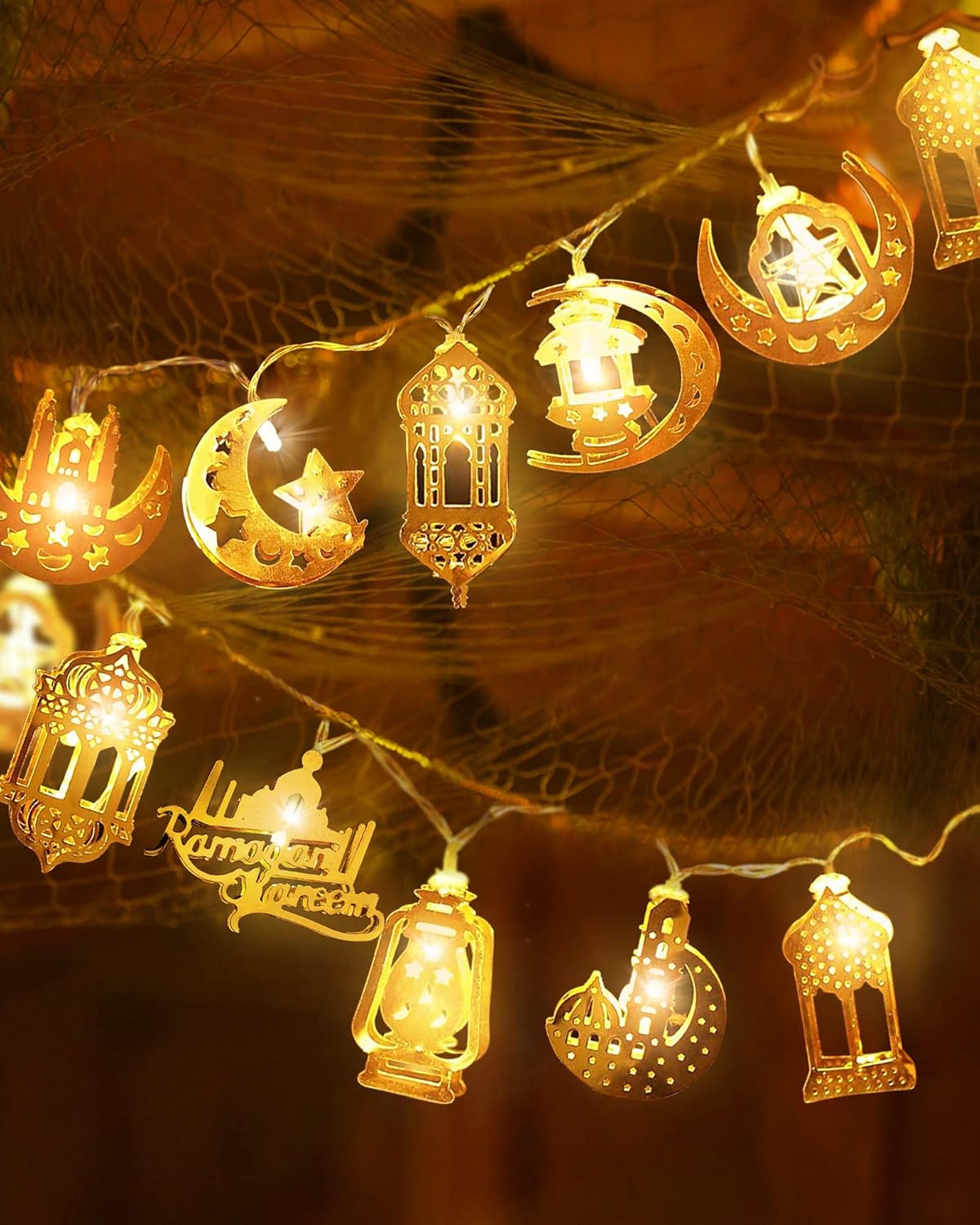 Ramadan Decorations, 10 LEDs Eid Moon Star Kerosene Lantern Lamp 5.41 Feet, Mubarak Moon String Lights, Battery Operated, Ramadan Decorations for Home 2024 Eid Mubarak (Warm White Color) مصباح رمضان