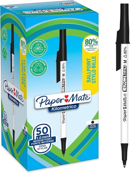 Paper Mate Kilometrico Ballpoint Pens | Long Writing with Medium Point (1.0mm) | Black Ink | 80% Recycled Plastic | 50 Count