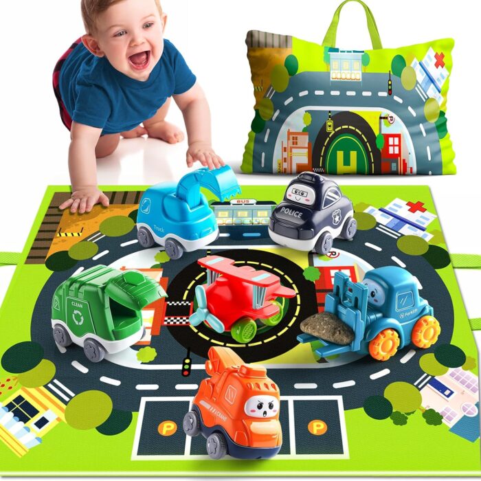 Truck Car Construction Vehicle Toys for 1 Year Old Boy with Playmat (Storage Bag)|Baby Toys 12-18 Months|Toddler Toys Age 1-2|First Birthday Gift for 1 2 Year Old Boy