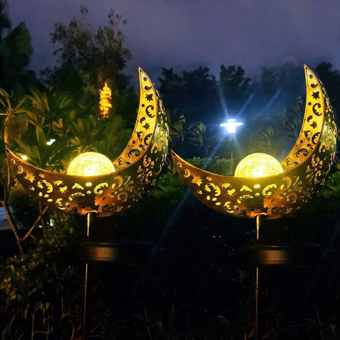 Solar Powered Garden Lights, 2 Pack Antique Brass Hollow-Carved Metal Moon with Warm White Crackle Glass Globe Stake Lights,Waterproof Outdoor for Lawn,Patio,Yard